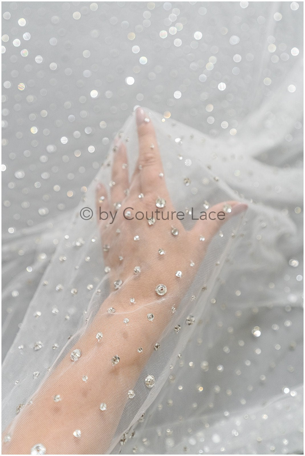 Tulle fabric with small rhinestones/ Couture fabric with rhinestones/ Swarovski tulle fabric/ Rhinestone tulle for wedding dress &amp; veil// L23-524