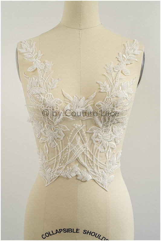 Perlen Blumen Applikation/ Perlen Braut Aufnäher/ Hochzeitskleid Spitzenapplikation/ Brautblatt Applikation/ A23-318