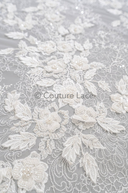 3D Blumen Spitzenstoff/ Braut Spitzenstoff/ romantischer Blumen Spitzenstoff mit 3D Blumen/ Hochzeit Spitzenstoff// L23-274B