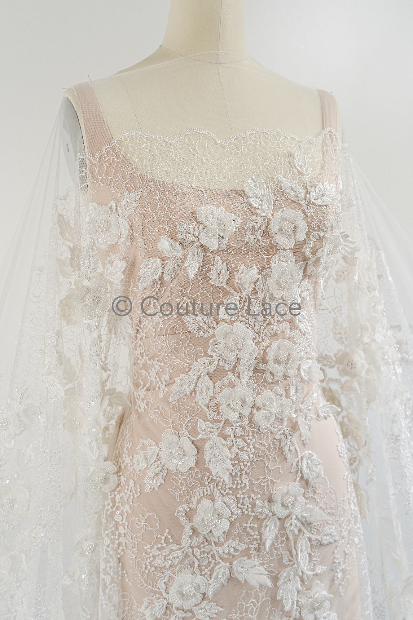 3D flower lace fabric/ bridal lace fabric/ romantic flower lace fabric with 3D flowers/ wedding lace fabric// L23-274B