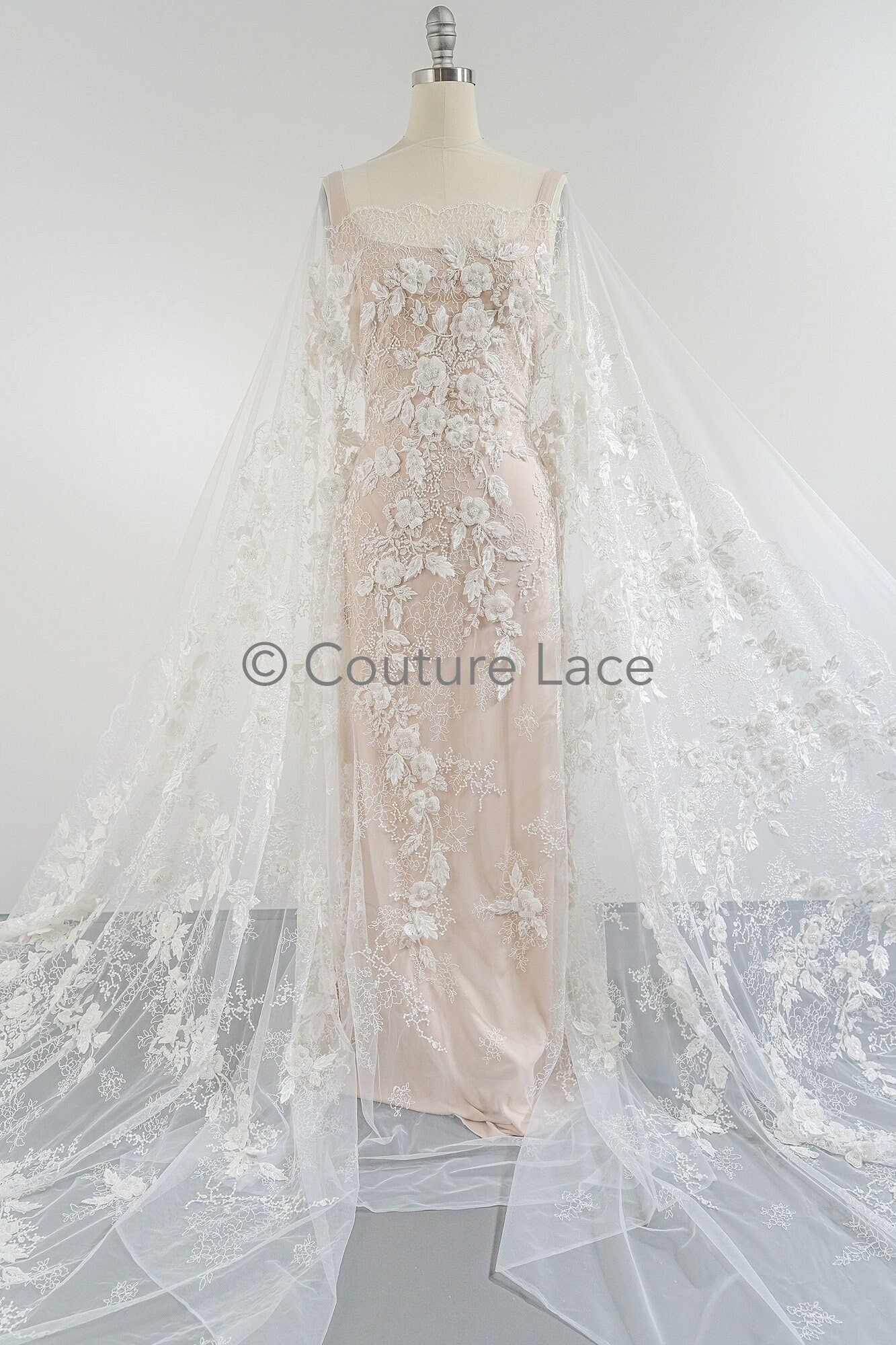 3D flower lace fabric/ bridal lace fabric/ romantic flower lace fabric with 3D flowers/ wedding lace fabric// L23-274B