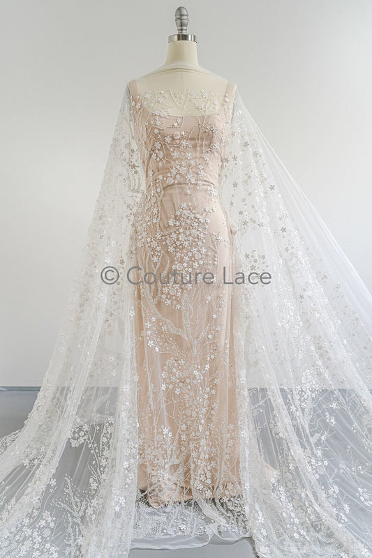 3D Blumen Spitzenstoff Off-White/ Braut Spitzenstoff mit Perlen/ romantischer Spitzenstoff mit 3D Blumen/ Hochzeit Spitzenstoff// L23-536