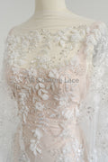 3D Blumen Spitzenstoff Off-White/ Braut Spitzenstoff/ romantischer Blumen Spitzenstoff mit Perlen/ Hochzeit Spitzenstoff// L23-538