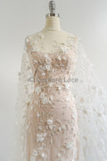 3D Blumen Spitzenstoff Off-White/ Braut Spitzenstoff/ romantischer Spitzenstoff mit 3D Blumen & Perlen/ Hochzeit Spitzenstoff// L23-540