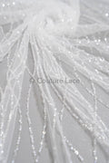 Pearl lace fabric off-white/ wavy lace fabric with pearls &amp; sequins/ bridal lace fabric/ L23-542