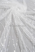 Pearl lace fabric off-white/ wavy lace fabric with pearls &amp; sequins/ bridal lace fabric/ L23-542