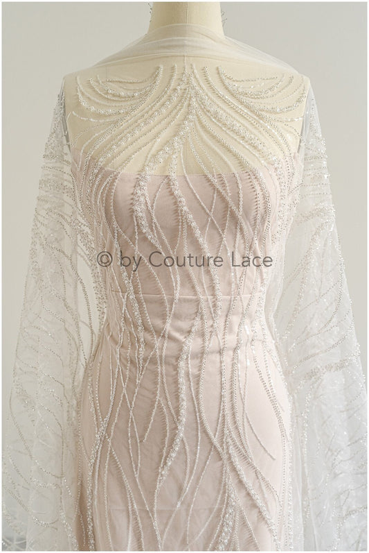 Glitter pearl lace fabric with lines/ Couture lace fabric with pearls/ Couture bridal lace fabric/ Pearl lace// L22-501