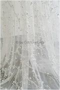 1.2yds Beaded bridal lace fabric off-white/ Pallas lace fabric/ heavy beaded bridal dress lace/ handmade couture lace// L23-565