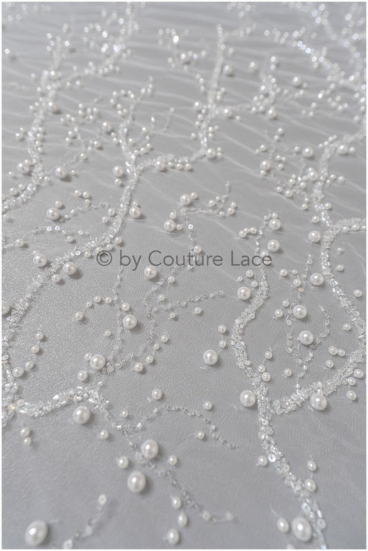 1.1 Meter - Brautspitze Perlenverziert / Handbestickte Perlenspitze/ Brautkleid Spitze mit Perlen/ handgemachte Couture Spitze// L23-565-REST-1.2YDS