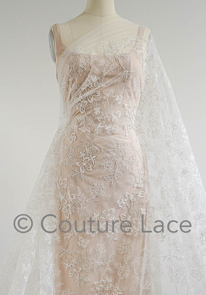 Blumen Braut Spitze Off-White Silber/ Brautspitze mit Blumen/ Blumen Hochzeit Spitze/ Couture Spitze// L23-586