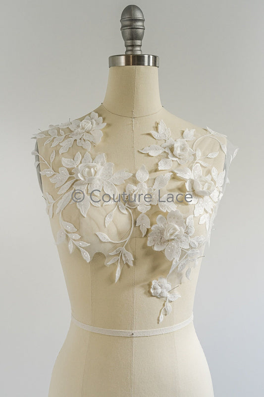 Schöne 3D Blumen Applikation/ Perlen Braut Aufnäher/ Hochzeitskleid Spitzenapplikation/ Brautblatt Applikation/ A23-339