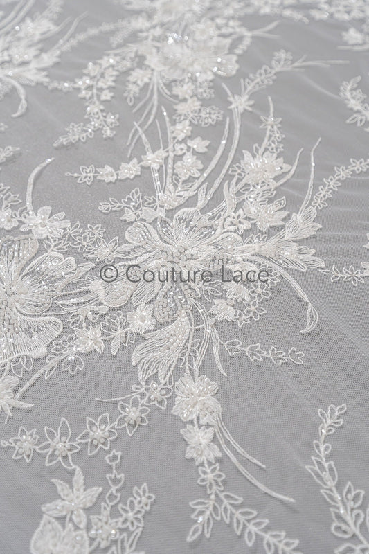 Perlen Spitzenstoff Off-White/ Couture Spitze Stoff/ Brautspitze Stoff mit Perlen/ Perlenspitze// L23-023