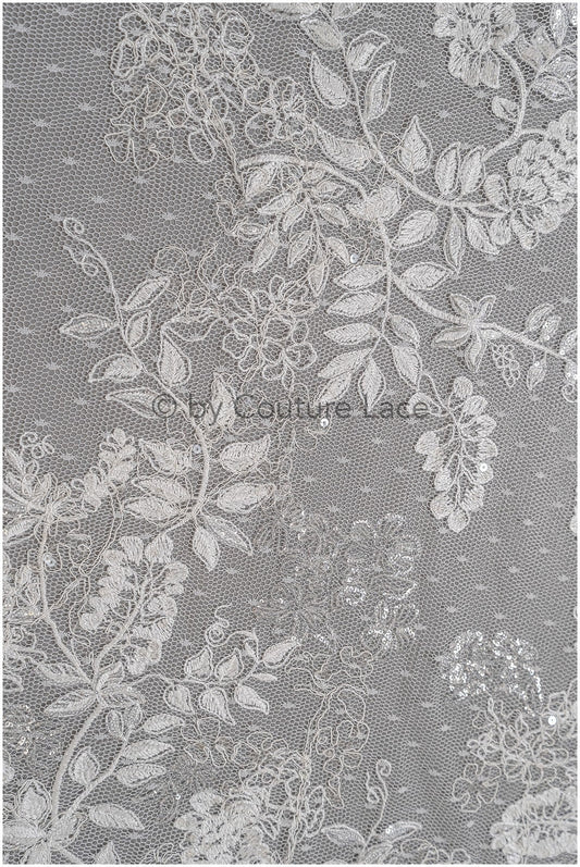 French lace fabric with floral pattern/ couture lace fabric with sequins/ delicate romantic bridal lace/ bridal lace// L23-087