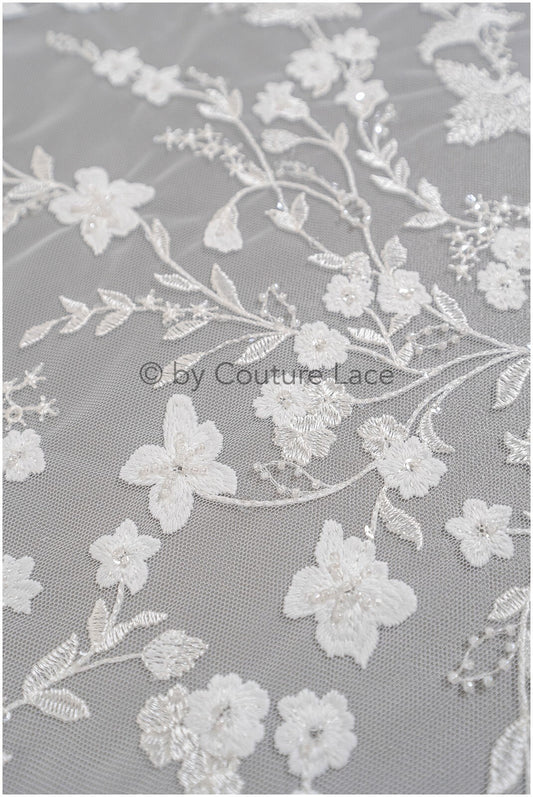 Bestickter Spitzenstoff für Hochzeiten/ Taufspitzenstoff/ Blumenmuster bestickter Spitzenstoff für Brautkleider// L23-305BE