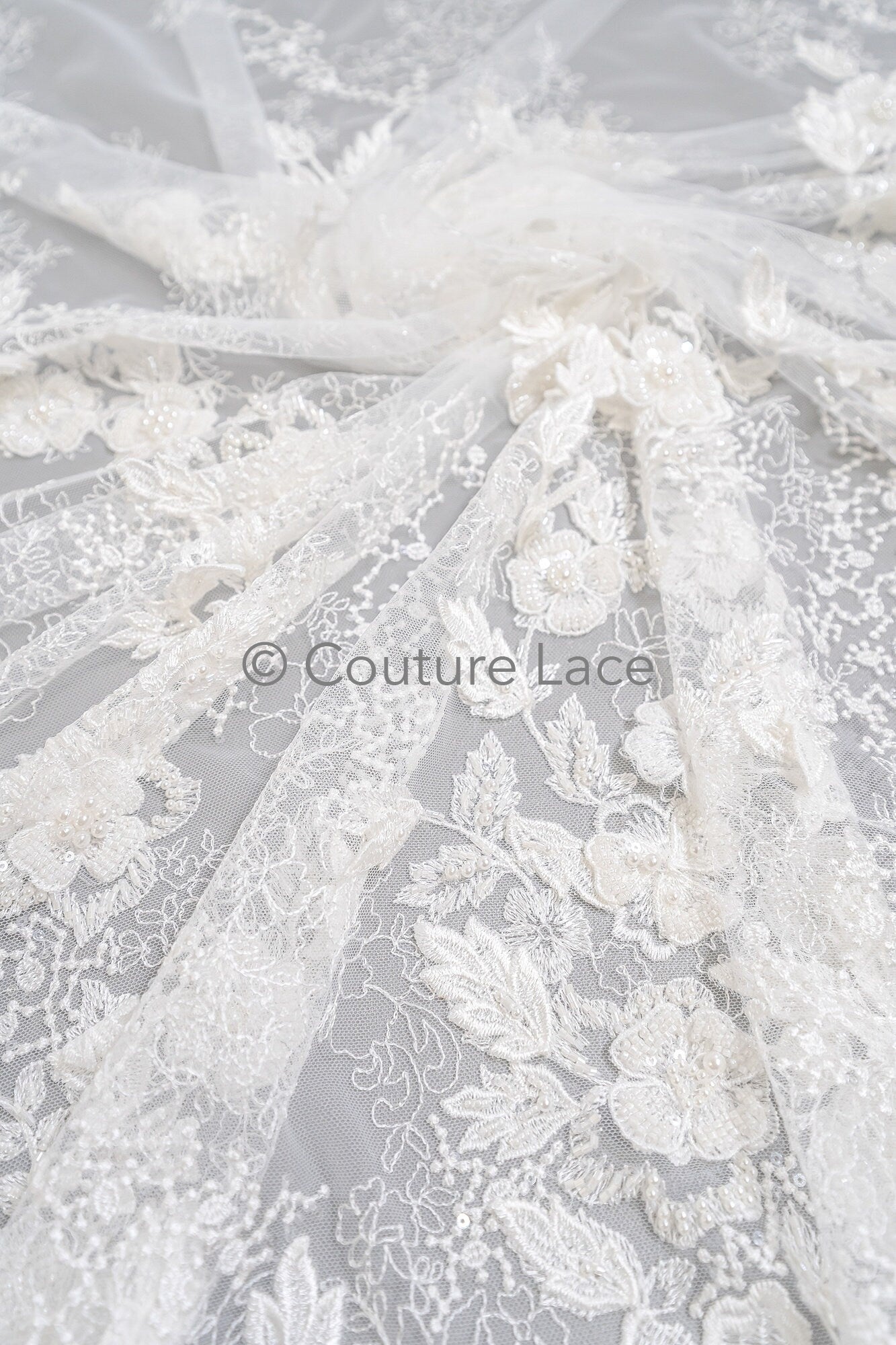 3D flower lace fabric/ bridal lace fabric/ romantic flower lace fabric with 3D flowers/ wedding lace fabric// L23-274B