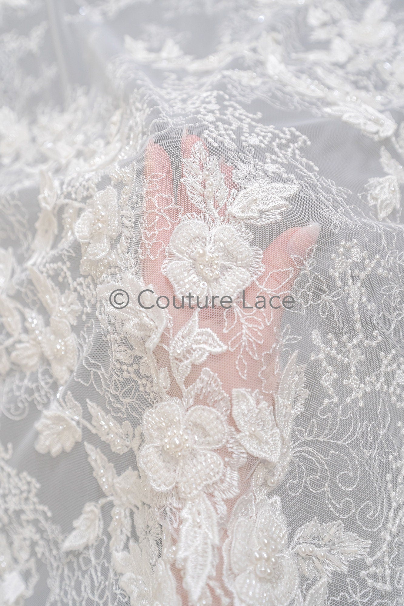 3D flower lace fabric/ bridal lace fabric/ romantic flower lace fabric with 3D flowers/ wedding lace fabric// L23-274B