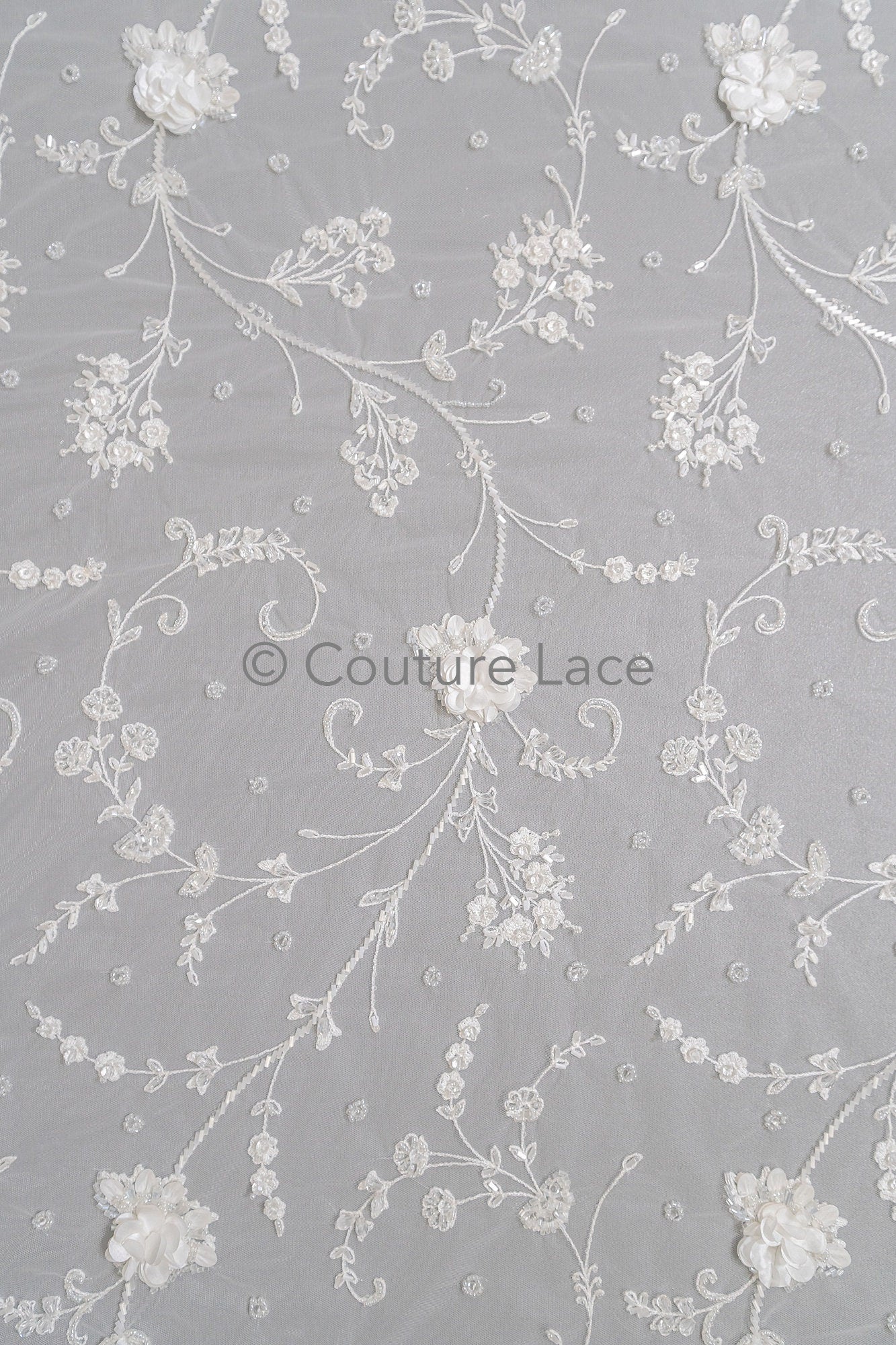 3D Blumen Spitzenstoff/ Braut Spitzenstoff Off-White/ romantischer 3D Blumen Spitzenstoff mit Perlen/ Hochzeit Spitzenstoff// L23-532