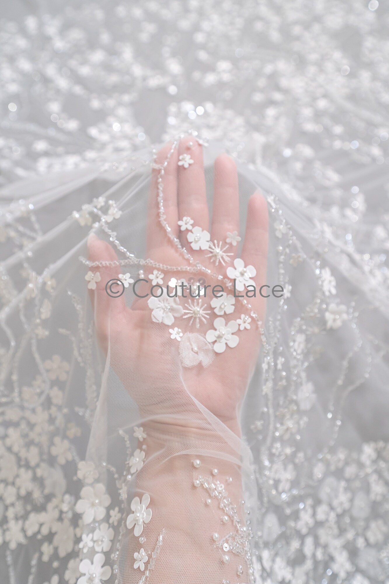 3D Blumen Spitzenstoff Off-White/ Braut Spitzenstoff mit Perlen/ romantischer Spitzenstoff mit 3D Blumen/ Hochzeit Spitzenstoff// L23-536