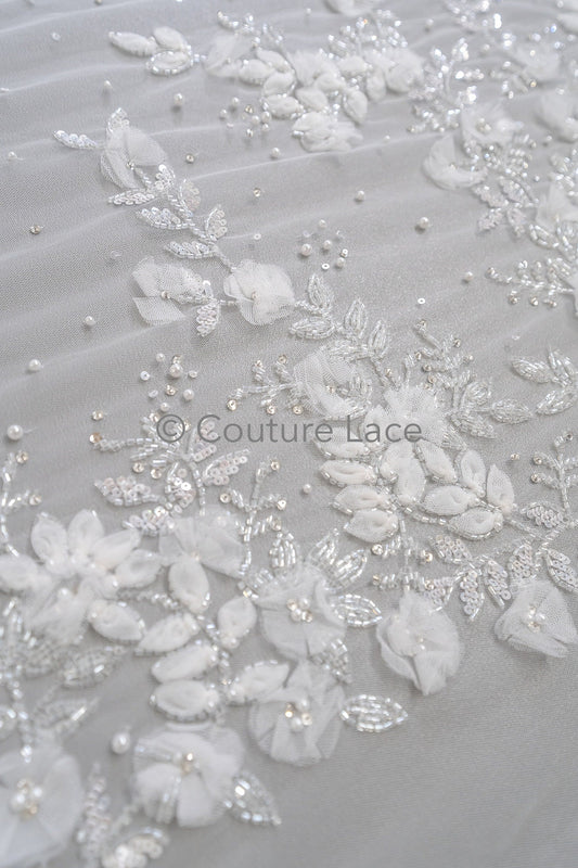 3D Blumen Spitzenstoff Off-White/ Braut Spitzenstoff/ romantischer Blumen Spitzenstoff mit Perlen/ Hochzeit Spitzenstoff// L23-538