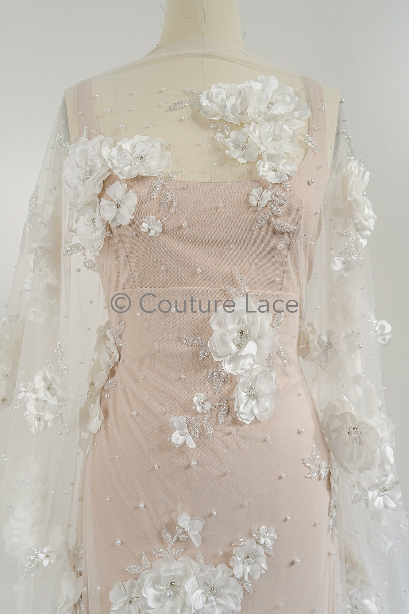 3D Blumen Perlen Spitzenstoff/ Couture Spitzenstoff mit Perlen/ Perlen & Kristallen/ Perlen Brautspitze// L23-539