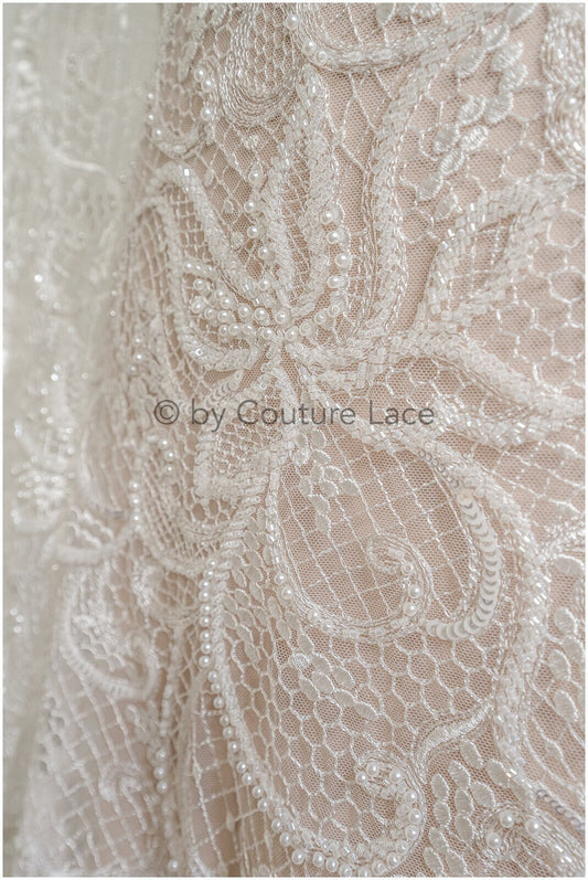 Perlen Spitzenstoff Off-White/ Couture Spitzenstoff/ Brautspitze Stoff mit Perlen/ Perlenspitze// L22-516
