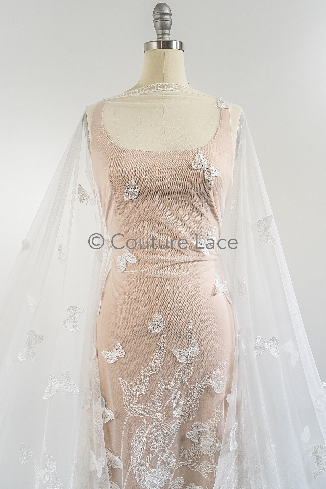 3D butterfly bridal lace off-white/ beautiful embroidered floral lace fabric/ wildflower lace fabric/ bridal lace with flowers// L23-579