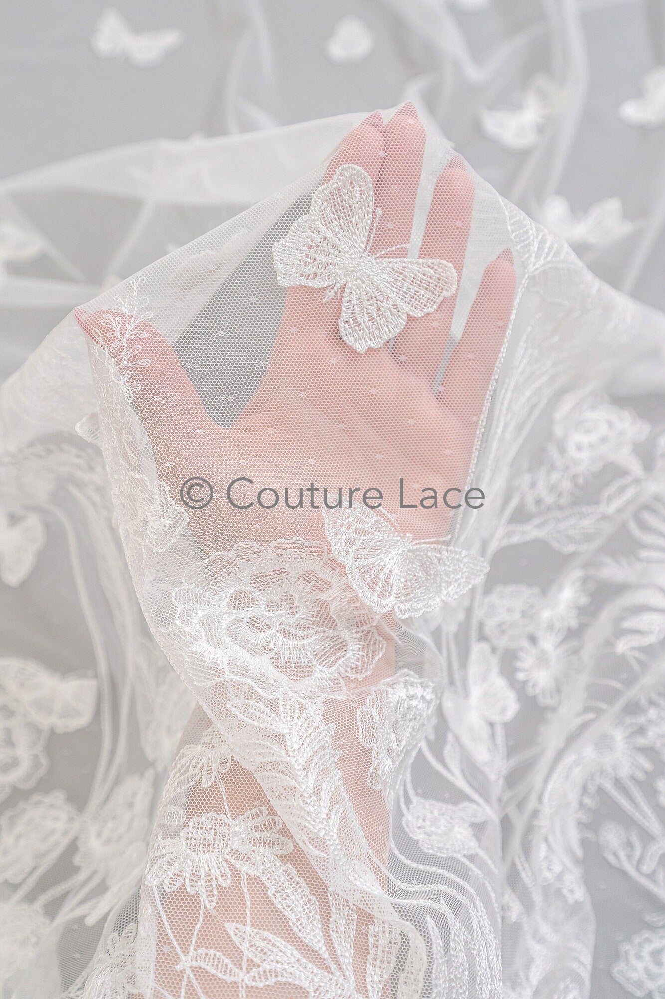 3D butterfly bridal lace off-white/ beautiful embroidered floral lace fabric/ wildflower lace fabric/ bridal lace with flowers// L23-579