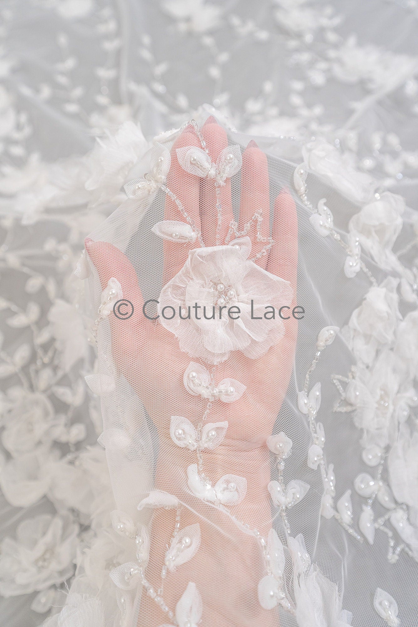 3D Blumen Spitzenstoff Off-White/ Braut Spitzenstoff/ romantischer Spitzenstoff mit 3D Blumen/ Hochzeit Spitzenstoff// L23-561