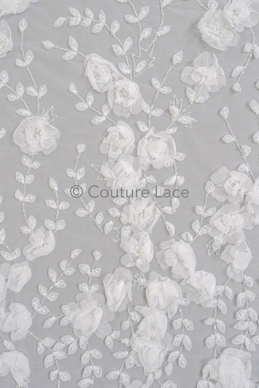 3D Blumen Spitzenstoff Off-White/ Braut Spitzenstoff/ romantischer Spitzenstoff mit 3D Blumen/ Hochzeit Spitzenstoff// L23-561