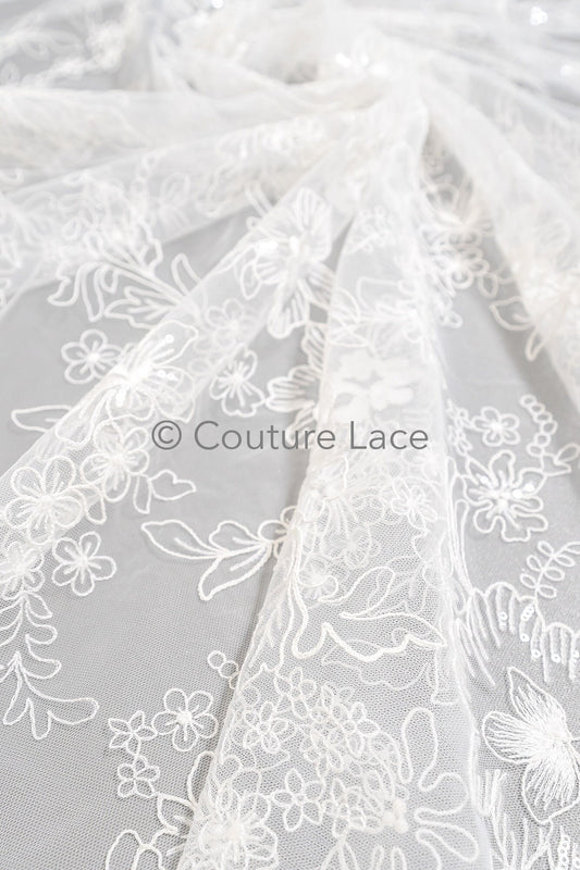Blumen Braut Spitze Off-White/ Brautspitze mit Blumen & Pailletten/ florale Brautspitze// L23-554