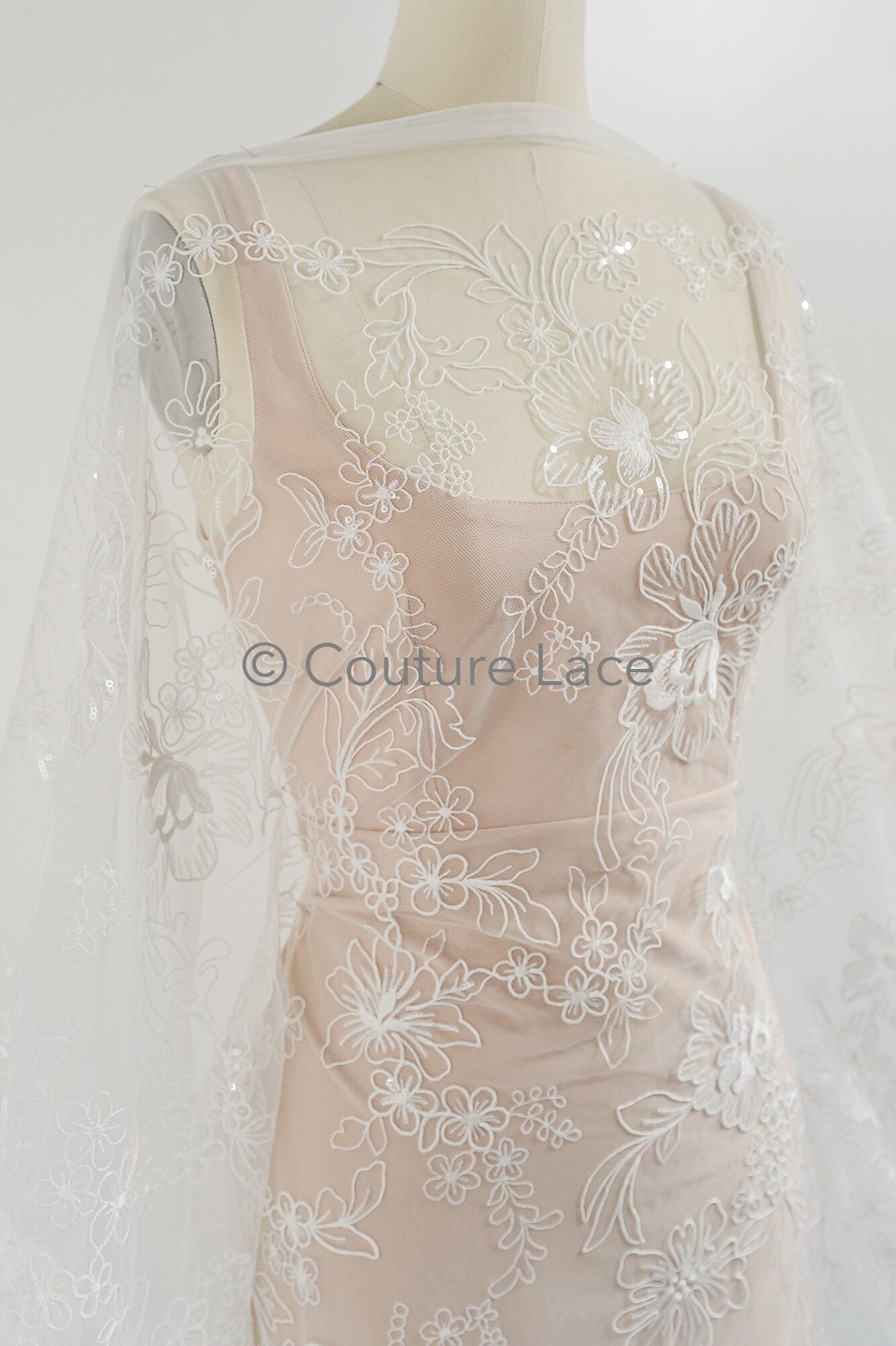 Floral Bridal Lace Off-White/ Bridal lace with flowers &amp; sequins/ floral bridal lace// L23-554