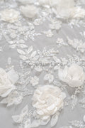 3D Blumen Spitzenstoff Off-White/ Braut Spitzenstoff mit Perlen & Pailletten/ romantischer Spitzenstoff mit 3D Blumen/ Hochzeit Spitzenstoff// L23-535