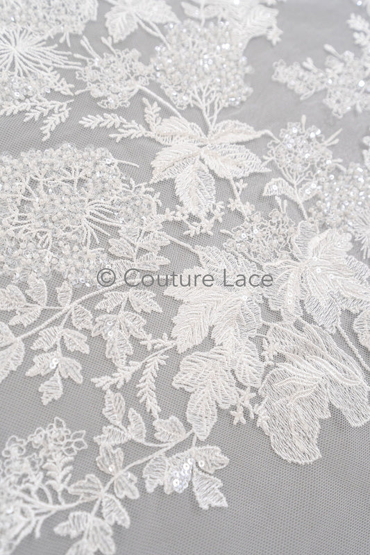 Perlen Spitzenstoff Off-White/ Braut Spitzenstoff/ romantischer Blumen Spitzenstoff mit Pailletten & Perlen/ Hochzeit Spitzenstoff// L23-592