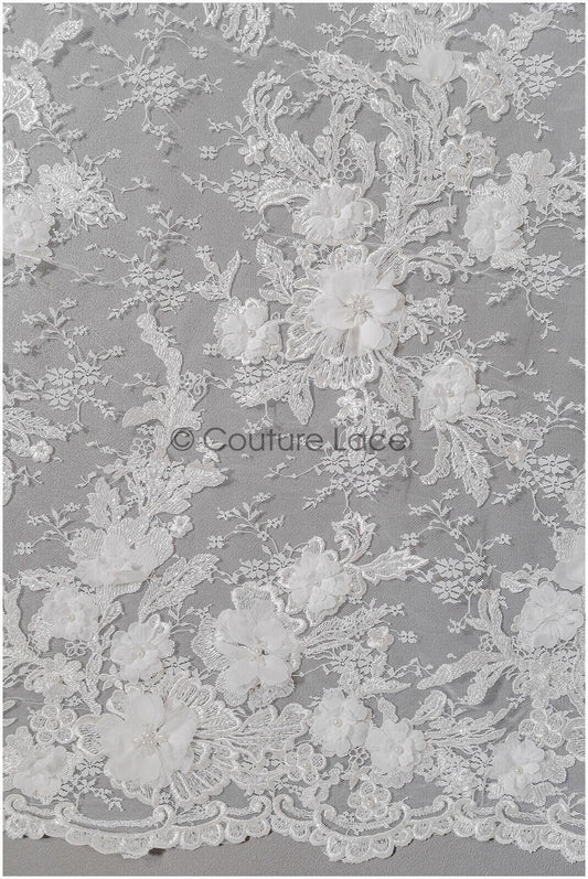 Perlen Spitze Stoff mit 3D Blumen/ Couture Spitzenstoff Off-White/ Braut Spitzenstoff/ Perlen Spitze// L22-426