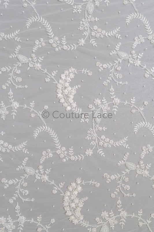 3D Blumen Perlen Spitzenstoff/ wunderschöner Spitzenstoff mit Perlen / romantische Perlen Braut Spitze // L23-533