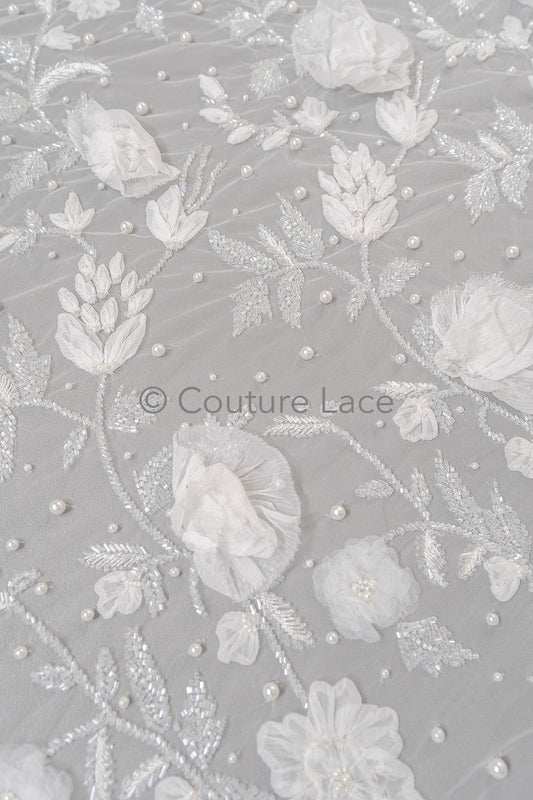 3D Blumen Spitzenstoff Off-White/ Braut Spitzenstoff/ romantischer Blumen Spitzenstoff/ Hochzeit Spitzenstoff// L23-187
