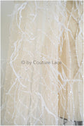 Perlen Spitzenstoff mit Feder/ Spitze mit Perlen & Pailletten/ Champagner nude Spitzenstoff/ romantischer Spitzenstoff/ Hochzeit Spitzenstoff// L23-246