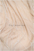 Perlen Spitzenstoff mit Feder/ Spitze mit Perlen & Pailletten/ Champagner nude Spitzenstoff/ romantischer Spitzenstoff/ Hochzeit Spitzenstoff// L23-246