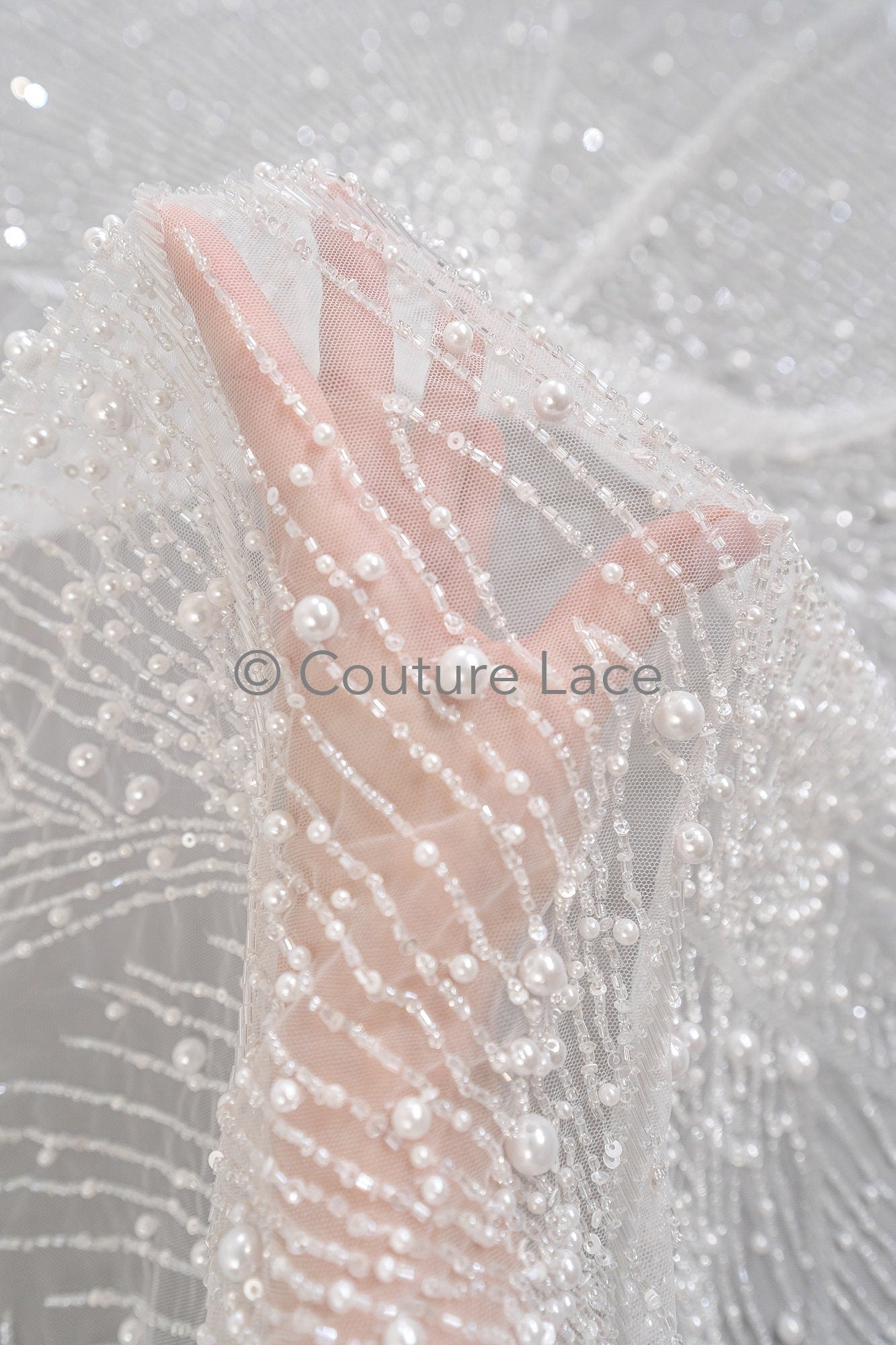 Zarte Blumenspitze Off-White/ Braut Spitzenstoff/ Perlen Spitzenstoff/ Verzierte Spitze// L23-531