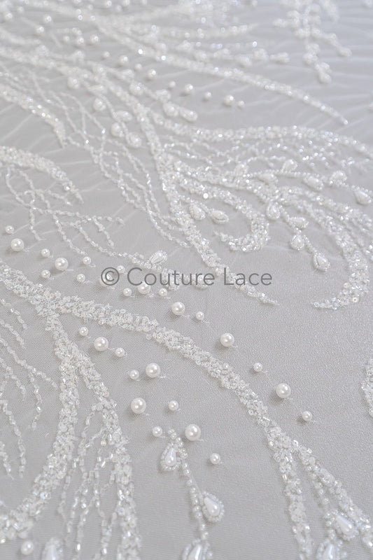 Perlen Brautspitze Stoff Off-White/ Brautspitzenstoff mit Perlen/ Luxus Braut Spitze// L23-566