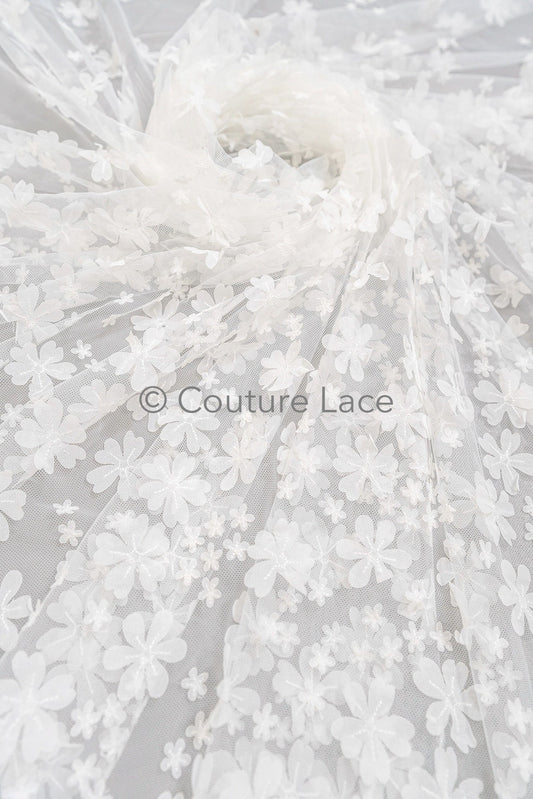 3D Blumen Spitzenstoff Off-White/ Braut Spitzenstoff/ romantischer Spitzenstoff mit 3D Blumen/ Hochzeit Spitzenstoff// L23-600