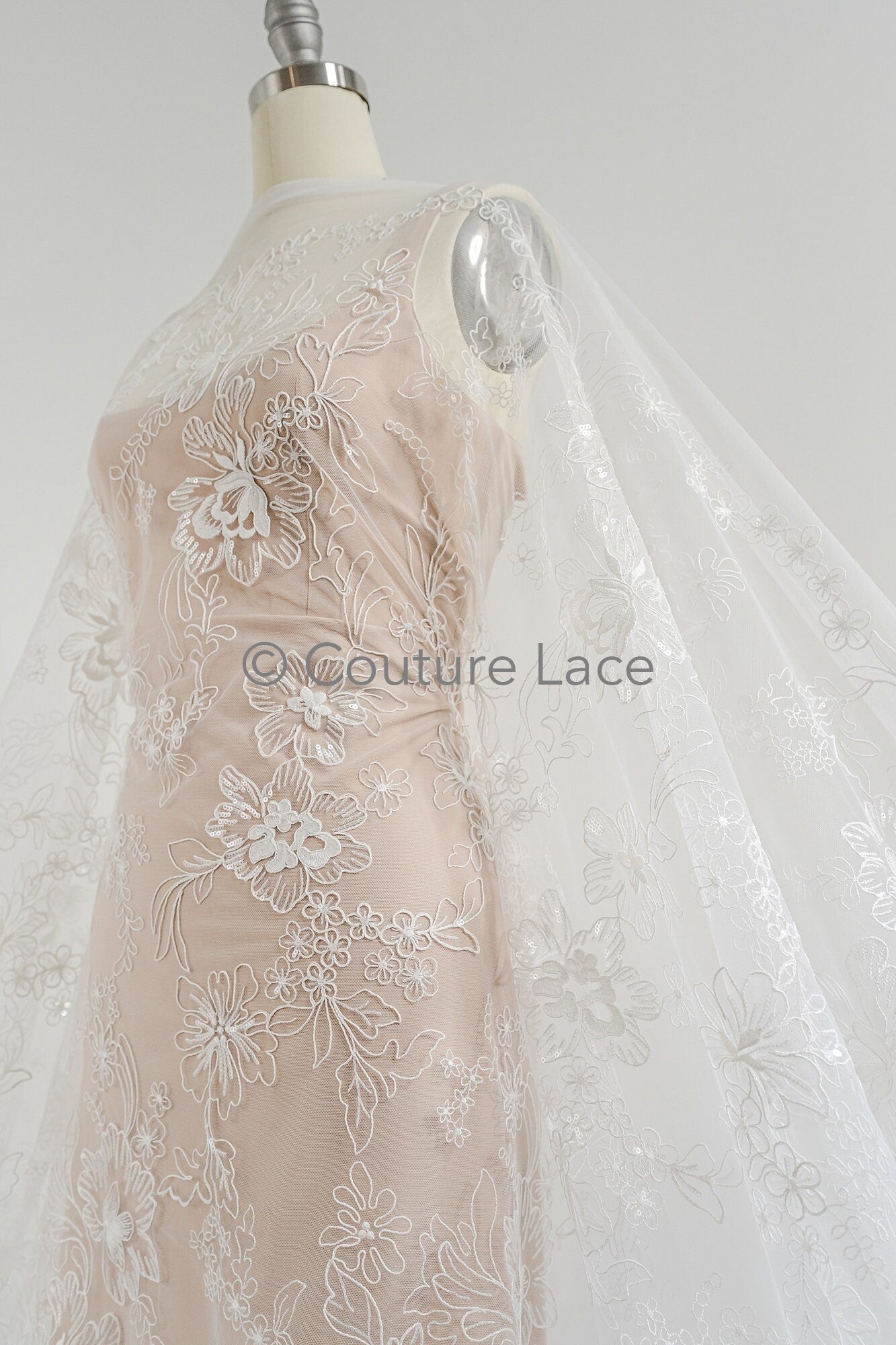 Floral Bridal Lace Off-White/ Bridal lace with flowers &amp; sequins/ floral bridal lace// L23-554