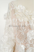 3D Blumen Spitzenstoff Off-White/ Braut Spitzenstoff mit Perlen & Pailletten/ romantischer Spitzenstoff mit 3D Blumen/ Hochzeit Spitzenstoff// L23-535