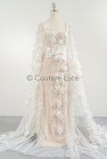 3D Blumen Spitzenstoff Off-White/ Braut Spitzenstoff mit Perlen & Pailletten/ romantischer Spitzenstoff mit 3D Blumen/ Hochzeit Spitzenstoff// L23-535
