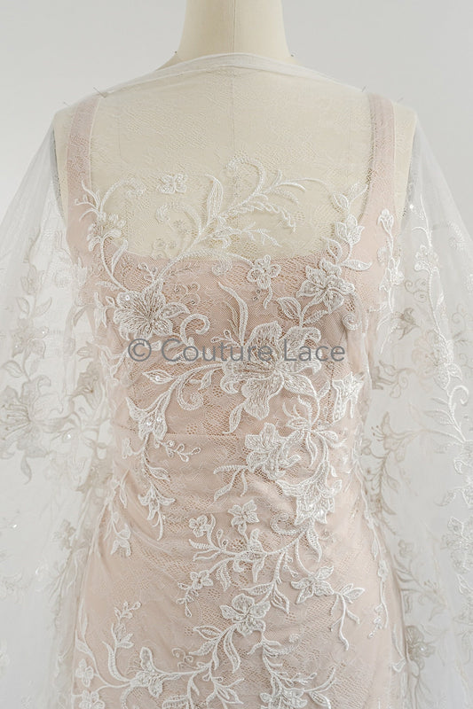 Perlen Spitzenstoff Off-White/ Couture Spitzenstoff/ Braut Spitzenstoff/ Perlen Spitze// L23-577