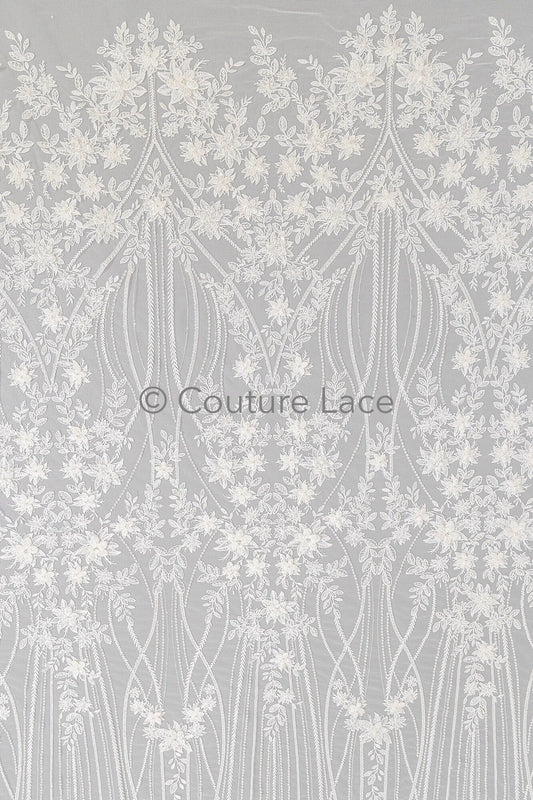3D Blumen Spitzenstoff Off-White/ Braut Spitzenstoff mit Perlen/ romantischer Spitzenstoff mit 3D Blumen/ Hochzeit Spitzenstoff// L23-595