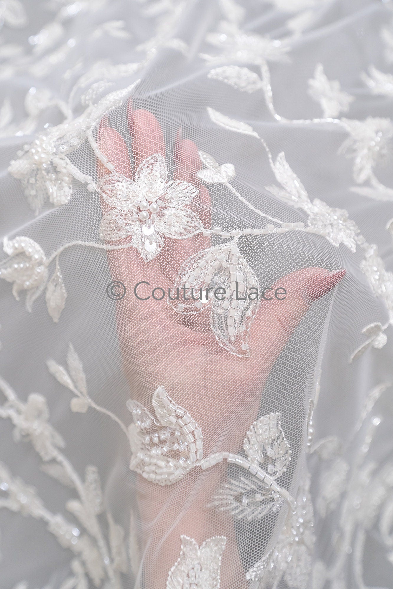 Perlen Spitzenstoff Off-White/ Couture Spitze Stoff/ Braut Spitzenstoff/ Perlen Spitze// L23-610