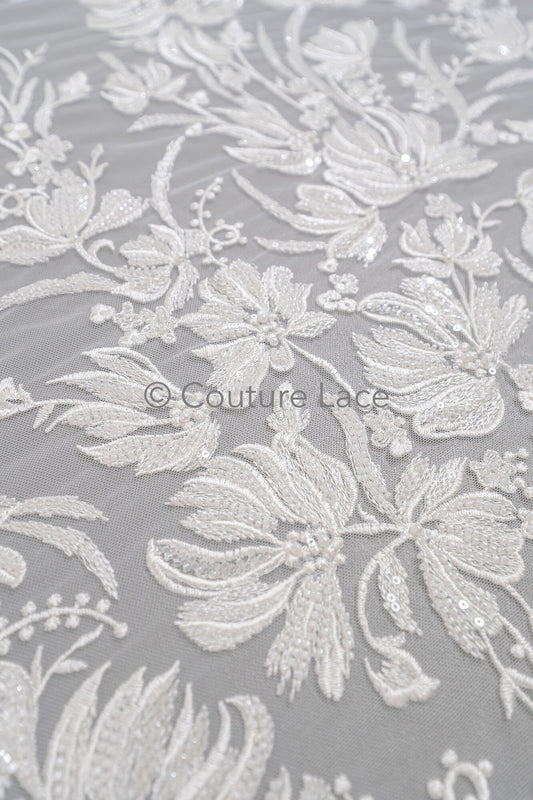 Perlen Spitzenstoff Off-White/ Couture Spitze Stoff/ Brautspitze Stoff/ Perlen Spitze// L23-625