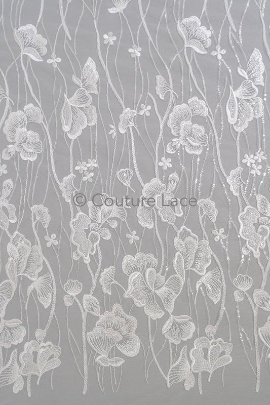 Florale Braut Spitze Off-White/ Brautspitze Stoff mit Pailletten/ florale Hochzeit Spitze mit Pailletten/ Couture Spitze// L23-632