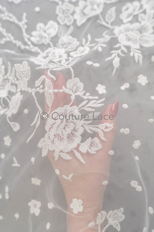 Blumen Braut Spitze Off-White/ Brautspitze mit Blumen/ Blumen Hochzeit Spitze/ Couture Spitze// L23-594